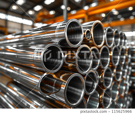 Stack of steel pipes warehouse blurred background. Construction and material supply concept 115625966
