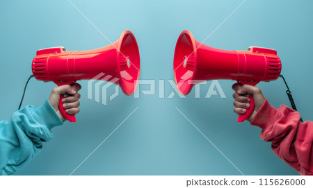 Two hands holding megaphones facing each other confrontational position against neutral background Two hands holding megaphones facing each other confrontational position against neutral background 115626000