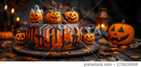 Halloween cake decorated pumpkins, bats, dripping orange icing. The cake sits on dark surface 115626008