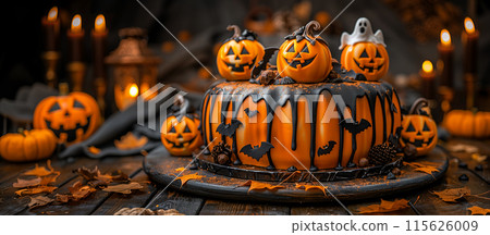 Halloween cake decorated pumpkins, bats, dripping orange icing. The cake sits on dark surface Halloween cake decorated pumpkins, bats, dripping orange icing. The cake sits on dark surface 115626009