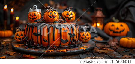 Halloween cake decorated pumpkins, bats, dripping orange icing. The cake sits on dark surface 115626011
