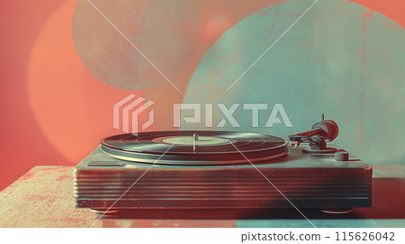 Classic record player with a vinyl disc illuminated by soft red and blue light 115626042