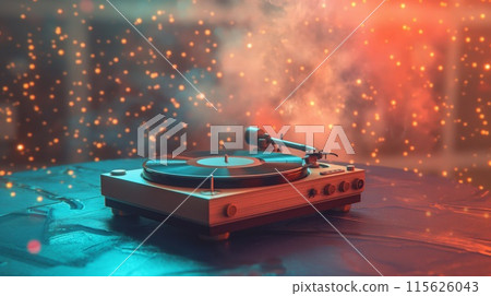 Vintage vinyl record player with warm bokeh lights creating a nostalgic music scene 115626043