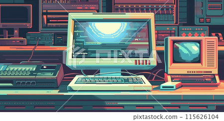 Colorful illustration of a nostalgic 80s computer setup with old-school monitors and tech gadgets 115626104