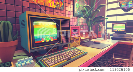Colorful scene with an old-school computer, keyboard, and pixel art in a nostalgic room setting 115626106
