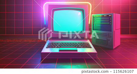 Vibrant 3d render of a vintage-inspired computer setup with neon lighting Vibrant 3d render of a vintage-inspired computer setup with neon lighting 115626107