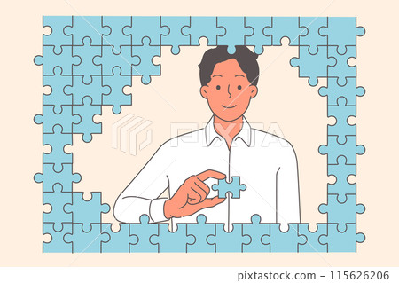 Diligent business man puts together puzzle, demonstrating mind required to solve complex problem 115626206