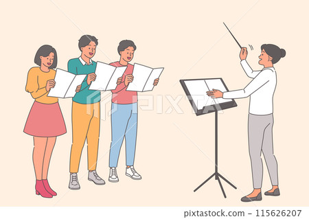 Choral singing from teenagers standing near conductor and rehearsing performance of new song 115626207