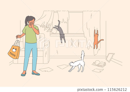 Cats created chaos at home due to rabies infection, and are running around astonished woman owner Cats created chaos at home due to rabies infection, and are running around astonished woman owner 115626212