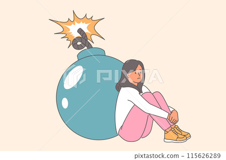 Teenage girl feels tired and burnt out due to problems with socialization, sits near burning bomb Teenage girl feels tired and burnt out due to problems with socialization, sits near burning bomb 115626289