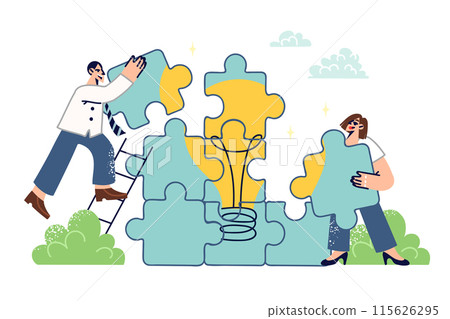 Team work on building new startup with innovative idea, from man and woman with puzzle pieces 115626295