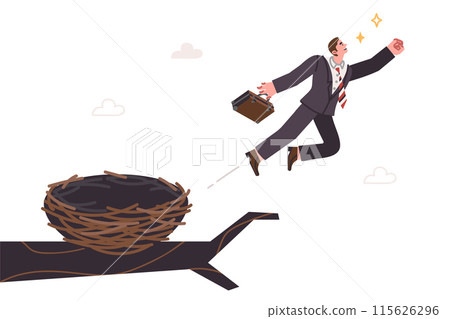 Businessman flies nest to accomplish heroic deeds or management crisis in company in need of help Businessman flies nest to accomplish heroic deeds or management crisis in company in need of help 115626296