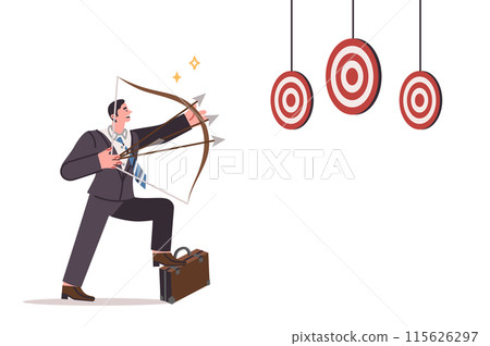 Business man works in multitasking mode, trying to hit several targets, holding bow with arrows 115626297
