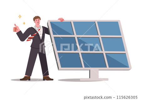 Solar panel for generating electricity from renewable sources, near man showing thumbs up Solar panel for generating electricity from renewable sources, near man showing thumbs up 115626305