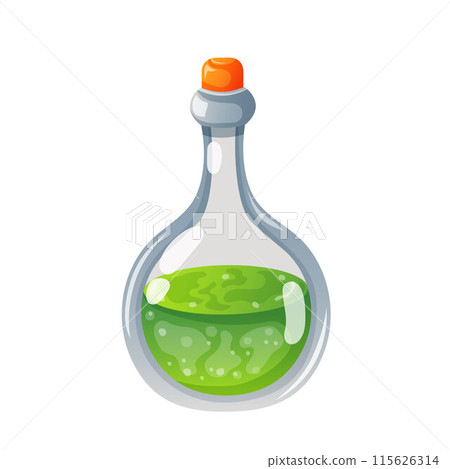 Magic potion in a bottle cartoon style. Magic elixir game in glass icon of green color. Vector illustration isolated on a white background. Magic potion in a bottle cartoon style. Magic elixir game in glass icon of green color. Vector illustration isolated on a white background. 115626314