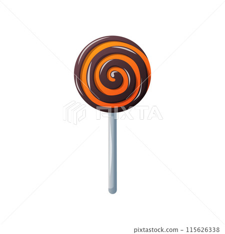 Spiral lollipop in cartoon style. Sweet of violet and green color on plastic stick. Colored sugar candy. Vector illustration isolated on a white background. 115626338