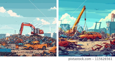 Car junkyard cartoon vector scene. Crane excavator rusty cars destroyed vehicles garbage landscape press recycling automobiles pile, color concepts 115626561