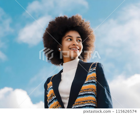 Woman With Afro Standing in Front of Blue Sky. Generative AI 115626574