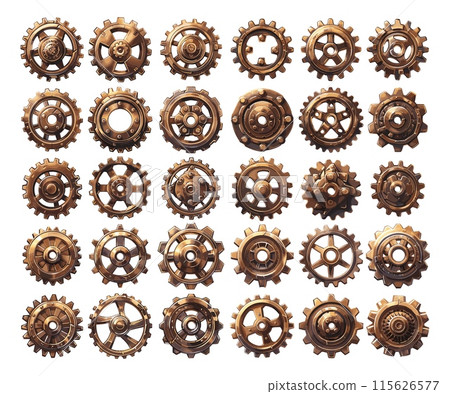 Bronze gears cartoon vector set. Round circles geared wheel steampunk metal brass mechanisms vintage retro parts machinery components, illustration isolated on white background Bronze gears cartoon vector set. Round circles geared wheel steampunk metal brass mechanisms vintage retro parts machinery components, illustration isolated on white background 115626577