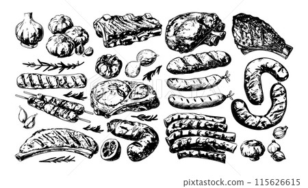 BBQ food black ink sketch vector set. Sausages meat grilled ribs pepper steak lemon garlic vegetables mushrooms salad products, illustration isolated on white background 115626615