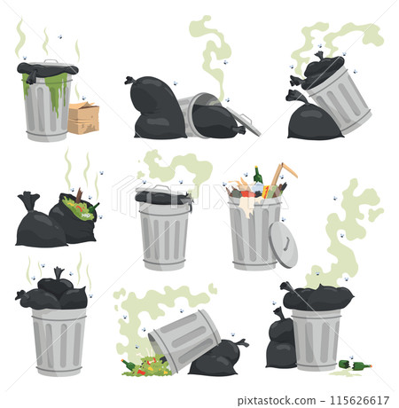 Garbage or waste icons. Metal and plastic garbage containers with unsorted trash. Rubbish bags that smells ugly and started to decompose. Ecology and environment concept. Isolated on white background Garbage or waste icons. Metal and plastic garbage containers with unsorted trash. Rubbish bags that smells ugly and started to decompose. Ecology and environment concept. Isolated on white background 115626617
