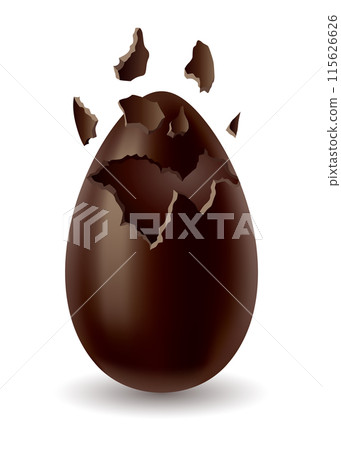 Chocolate egg. Broken, exploded eggshell. Kids confectionery, candy with surprise. Restaurant, cafe menu design. Vector dessert made of dark cocoa 115626626