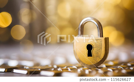 Golden Padlock Securing Computer Keyboard. Generative AI 115626627