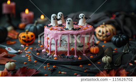 Halloween cake decorated pumpkins, bats, dripping orange icing. The cake sits on dark surface 115626702