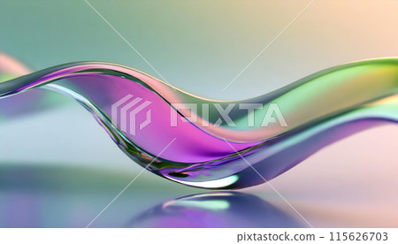 Abstract liquid glass shape with colorful reflections. Ribbon of curved water with glossy color wavy fluid motion. Chromatic dispersion flying and thin film spectral effect. 115626703