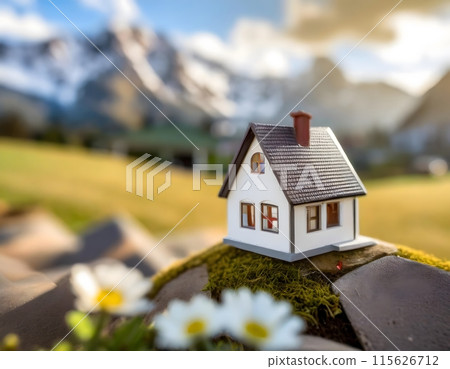 Miniature house is a symbol of mortgage and home ownership on blurred background. 115626712