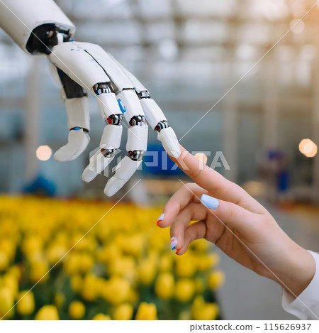 Person Touching Robot Hand in Yellow Flower Field. Generative AI 115626937