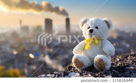 White Teddy Bear Sitting on Hill Ukraine. Generative AI White Teddy Bear Sitting on Hill Ukraine. Generative AI 115626944