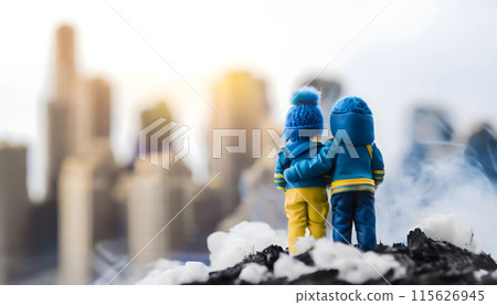 Couple Figurines Standing on Snow Pile Ukraine. Generative AI 115626945