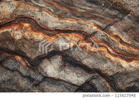 Close-up macro photography of intricate, colorful sedimentary rock strata texture, showcasing the layered geological formation and earthy tones in a natural outdoor environment 115627048