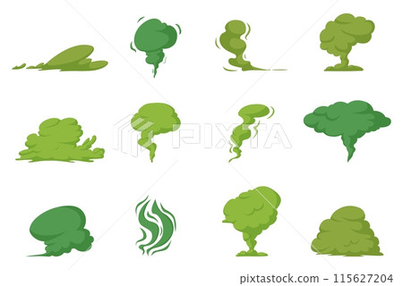 Stinky clouds. Green bad smell effects. Isolated rotting, stinking, spoiled food toxic fumes and fog. Cartoon different vapor nowaday vector icons 115627204