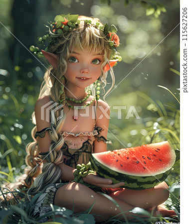 Young girl elf sitting on grassy field, holding large slice of watermelon taking big bite 115627206