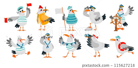 Cartoon seagull. Funny sailors captain seagulls. Cute sea adventures characters in costumes. Ocean birds in active poses. Classy childish vector clipart 115627218