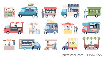 Food kiosk and trucks. Van cars and tents for farm market, city festival or street entertainment. Bakery ice cream and burgers, pizza, recent vector elements 115627222