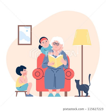 Grandmother reading book grandkids. Elderly funny nanny for boy and girl. Cozy family home evening with granny, kind relationships recent vector scene 115627223