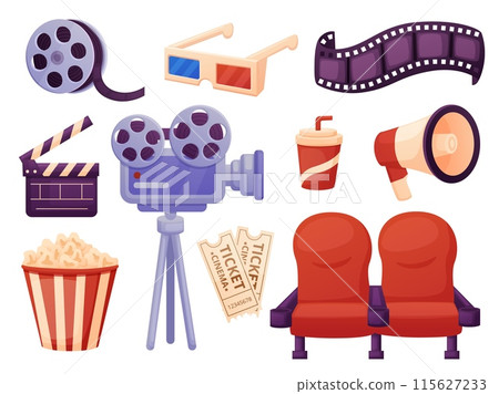 Cinema elements. 3d glasses pop corn bucket camera megaphone and drink. Movie making tools and technic. Film clapper red chairs nowaday vector set 115627233