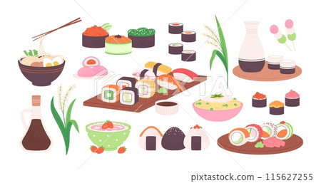 Rice food. Asian tasty products, sushi and onigiri, noodles and drinks. Isolated rice plants, sweets candies and soy sauce, racy vector clipart 115627255