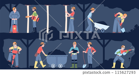 Workers in mine. Miners with tools and in uniform working together underground. Coal extraction in stone tunnel, mining process recent vector scene 115627293