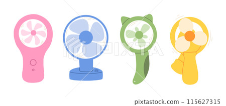 Set of table fan hand fan in flat style. Modern vector illustration of an electric fan. 115627315