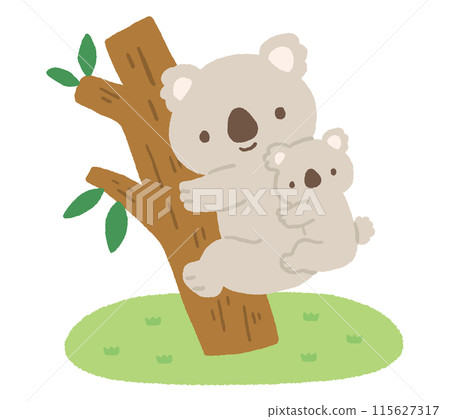 無尾熊父母和孩子抱著一棵鬆散的手繪樹 115627317