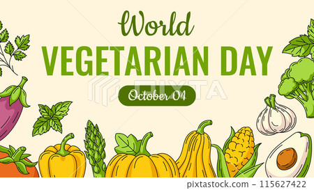 World Vegetarian Day background. Vector horizontal banner with vegetables line icons set, veggies border. For poster, social media, invitation, postcard, greeting card. Healthy, organic food concept World Vegetarian Day background. Vector horizontal banner with vegetables line icons set, veggies border. For poster, social media, invitation, postcard, greeting card. Healthy, organic food concept 115627422