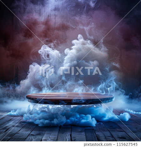 Wooden platform surrounded mystical cloud smoke, Halloween Backdrop. Wooden platform surrounded mystical cloud smoke, Halloween Backdrop. 115627545