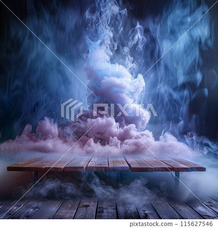 Wooden platform surrounded mystical cloud smoke, Halloween Backdrop. 115627546