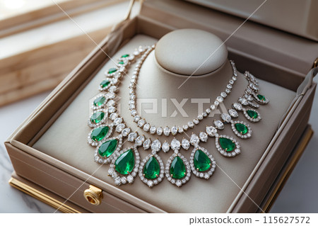 Elegant emerald necklace in luxury display box 115627572