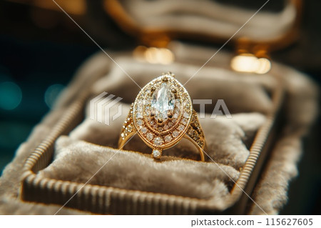 Luxury engagement ring with sparkling diamond, displayed in an open velvet box 115627605