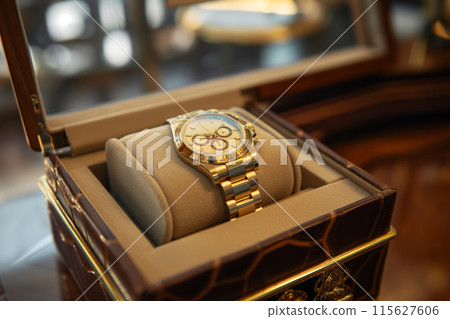 Close-up of a high-end wristwatch nestled in a cushioned box, showcasing sophistication and wealth 115627606